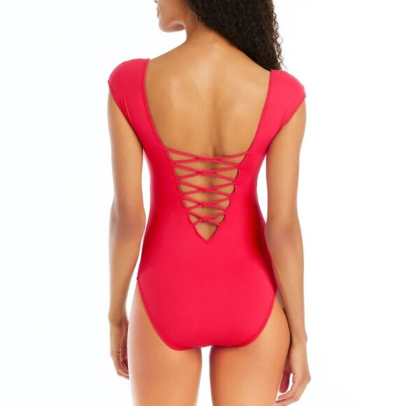 🆕 Bleu Rod Beattie Hole in One Cap Sleeve Lace Up One Piece Swimsuit 14 Red - Picture 2 of 6